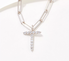 Diamonique Paperclip Link Initial "T" Necklace Sterling Silver