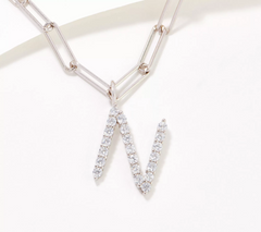 Diamonique Paperclip Link Initial Necklace Sterling Silver, N initial