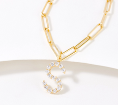 Diamonique Paper Clip Link Initial "S" Necklace, 14K Plated Sterling Silver