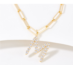 Diamonique Sterling Silver Goldclad Paper Clip Link Initial "M" Necklace. 16"