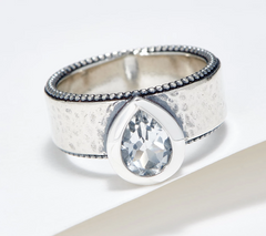 Or Paz Sterling Silver Pear Gemstone Hammered Motif Ring Size 6
