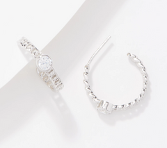 Diamonique Curb Link Station Sterling Silver Hoop Earrings