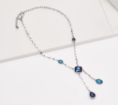 Susan Graver Silver Tone Blue Stone & Crystal Drop Necklace