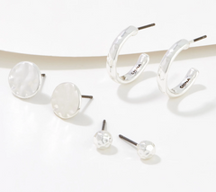 Denim & Co. Hammered Metallics Silver Tone Earring Set