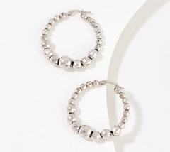 Italian Silver Silver Graduated Diamond Cut Beaded Hoop Earrings