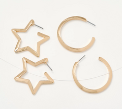 Joan Rivers Set of 2 Star and Round Gold Tone Hoop Earrings