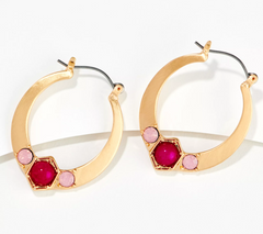 Susan Graver Goldtone Orchid Cabochon Hoop Earrings