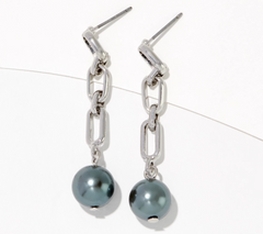 Susan Graver Grey Simulated Pearl & Silvertone Chain Drop Earrings