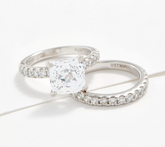 Diamonique Platinum Clad Sterling Silver 100 Facet Cushion Solitare Ring Set Size 8