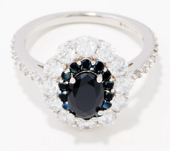 Diamonique Sterling Silver Double Halo Black Cocktail Ring , Size 7