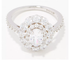 Anillo de cóctel Diamonique de plata de ley con doble halo de circonitas cúbicas transparentes. Talla 5