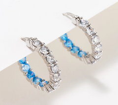 Diamonique Blue and  Clear Stone Huggie Hoop Silver Sterling Earring