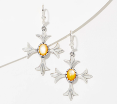 American West Sterling Silver Cross, Golden, Lever Back Earrings. 2"