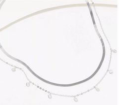 Diamonique Sterling Silver Double Layer Bezel & Herringbone Necklace. 16"