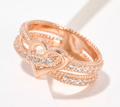 Diamonique Crossover Heart Ring, Rose Clad Sterling Silver, Size 8