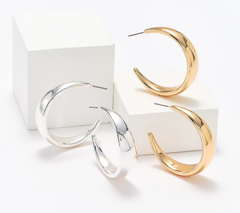 Joan Rivers Set of 2 Goltone/Silvertone Tapered 1-5/8" Hoop Earrings