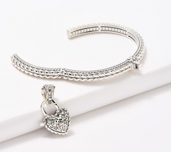 JAI Sterling Silver Pave Heart Lock Cuff and Enhancer
