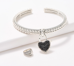 JAI Sterling Silver Pave Heart Lock Cuff and Enhancer