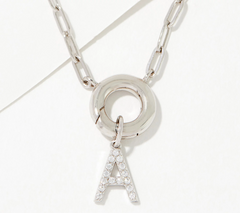 Diamonique Sterling Silver Pave Initial "A" Drop Paperclip Necklace. 18"