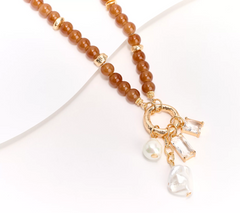 Susan Graver Neutral Beaded Necklace with Goldtone Pearlescent Charm Pendant