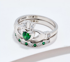 Fado Sterling Silver Green Claddagh Ring and Matching Band Size 7