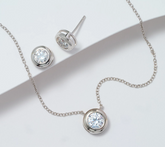 Diamonique Sterling Silver 16" Bezel Necklace & Stud Earrings Set
