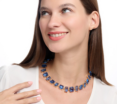 Susan Graver Blue Squares and Rectangles Faux Crystal Gold Tone Necklace
