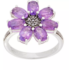 Sterling Silver Amethyst & Diamond Floral Cocktail Ring, Size 10