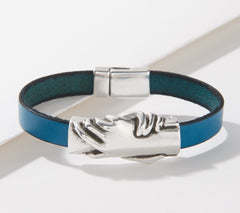 Hand & Hand Flat Leather Bracelet with Silver Plated Bead, Small