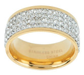 Anillo de acero inoxidable QVC con banda de cristal en oro amarillo y ajuste de seda, talla 5