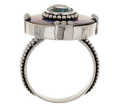 Artisan Crafted Sterling Silver Blue Topaz & Abalone Ring Size 7"
