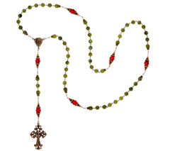 Connemara Marble Bronzetone Red Beaded Antiqued Rosary, 24"