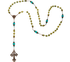 Connemara Marble Bronzetone Teal Beaded Antiqued Rosary, 24"