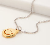 Peace Love World Smile Motif Necklace – Goldtone Pendant with 18" Silvertone Chain