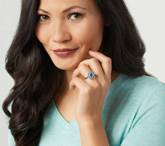 QVC Sterling Silver Blue Topaz & Diamond Floral Cocktail Ring, Size 5