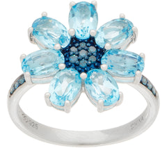 QVC Sterling Silver Blue Topaz & Diamond Floral Cocktail Ring, Size 5
