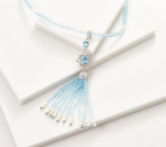 QVC Sterling Silver Blue Apatite Gemstone & Pearl Tassel Beaded Necklace 30"