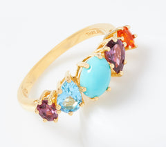 Turquoise & Multi-Cut Gemstone Band Ring, 18K Gold Plated, Size 7