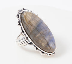 Anillo de plata de ley con gema de labradorita ovalada, tamaño 8