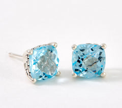 JAI Sterling Silver Cushion Cut Natural Blue Topaz Stud Earrings