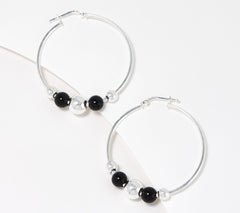 UltraFine Graduated Black Gemstone Beaded Hoop Earrings
