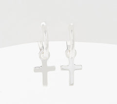 UltraFine 950 Silver Round Mini-hoop Charm Dangle Cross Motif Petite Earrings
