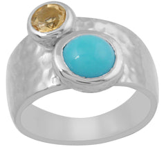 QVC Sterling Silver Turquoise & Citrine Hammered Band Ring, Size 6