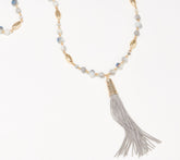 Denim & Co. Long Goldtone Gray Beaded Tassle Necklace 36"