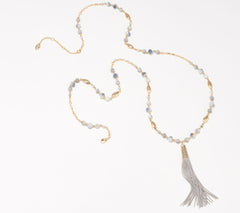 Denim & Co. Long Goldtone Gray Beaded Tassle Necklace 36"