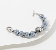 Pulsera artesanal de plata de ley con cuentas de perla sintética gris, 21,5 cm de largo