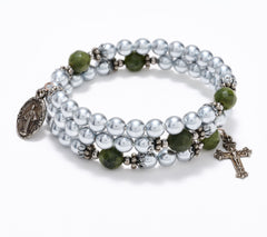 Connemara Marble Faux Pearl Coil Grey Rosary Bracelet