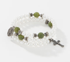 Connemara Marble Faux Pearl Coil White Rosary Bracelet