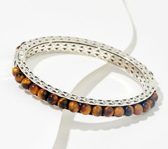 JAI Sterling Silver Tiger Eye Beaded Crane Bangle Bracelet, 6-1/4"
