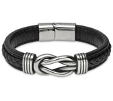 Or Paz Men's Stainless Steel Knot Black Leather Bracelet
